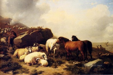  Verboeckhoven Arte - Caballos y ovejas en la costa Eugene Verboeckhoven animal